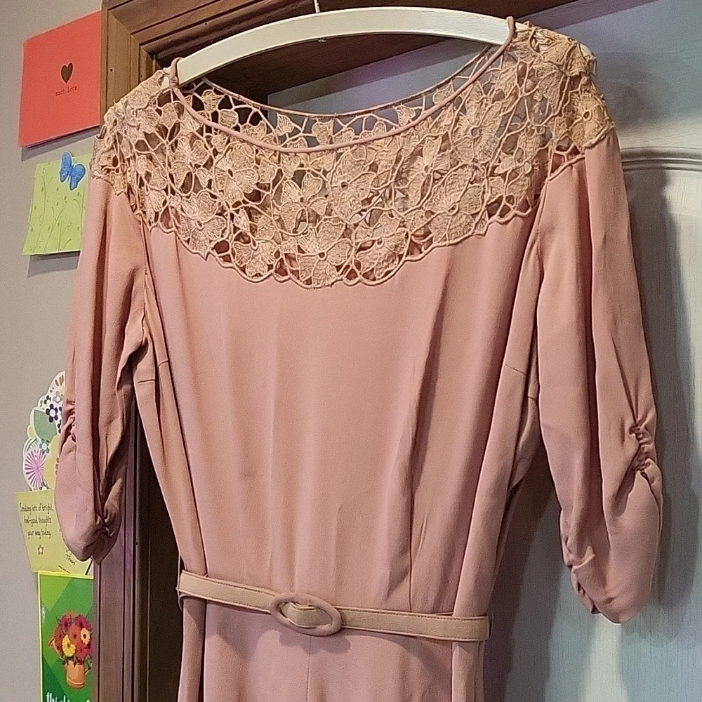 Vintage 1950's Dusty Pink Lace Top Dress 3/4 Length Sleeve Size S - Picture 2 of 9